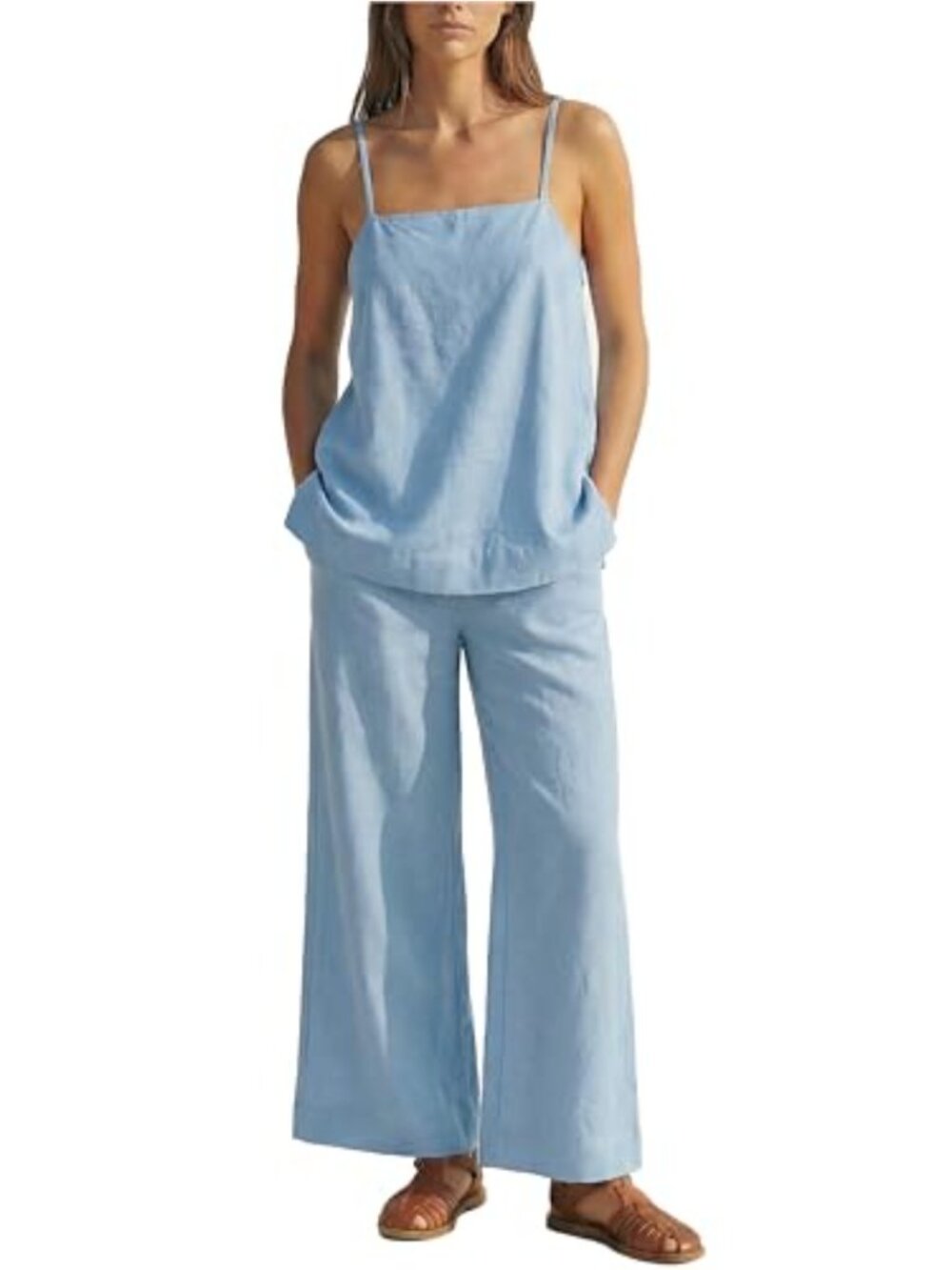 Women Two Piece Summer Vacation Pant Set Linen Feel Lightweight Adjustable